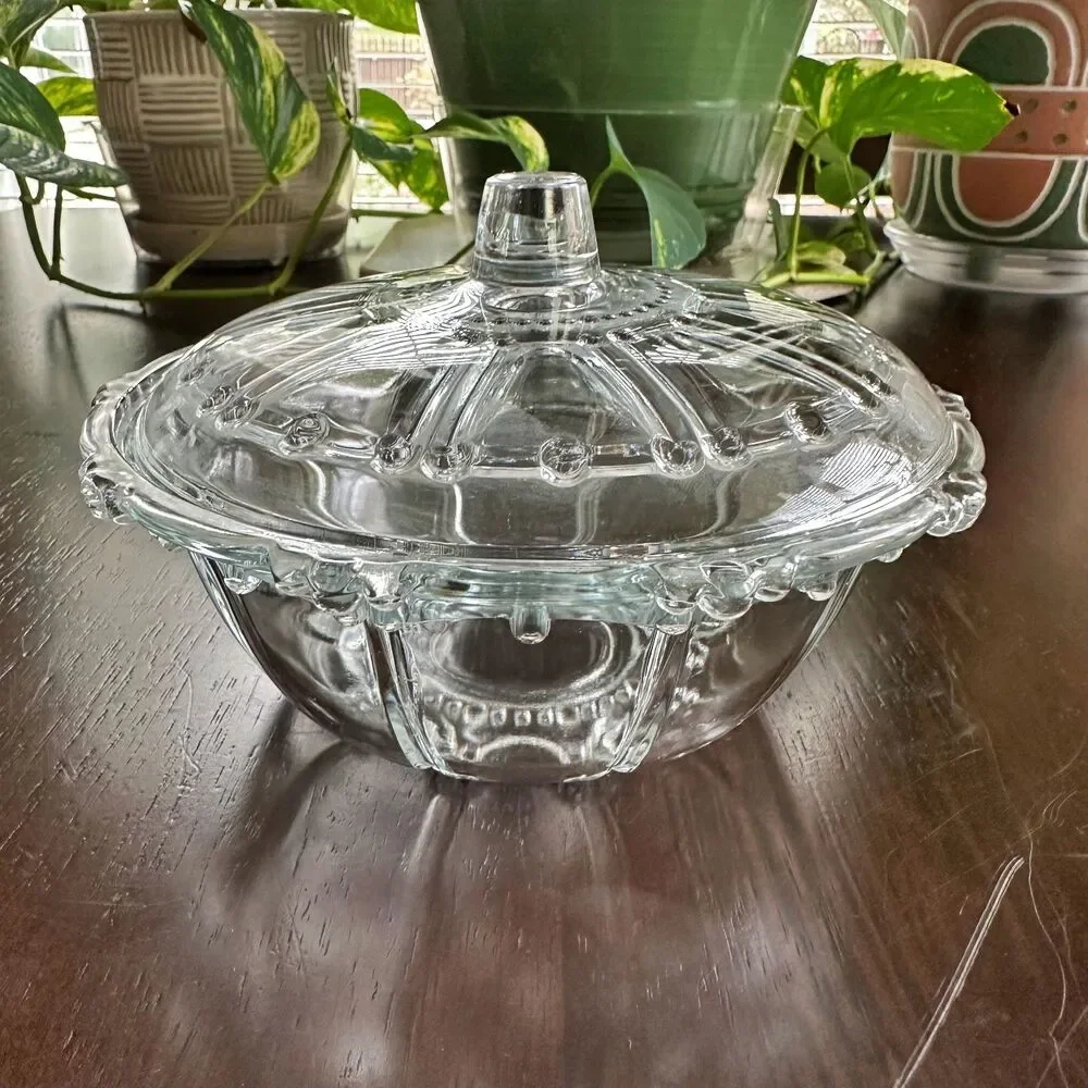 Vintage KIG Indonesia Crystal Candy Dish w/ Lid Oyster & Pearl Design